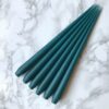 Pack of 6 hand dipped taper candles in Teal colour - Curious Egg|teal taper candles in gold candleholder|Pack of 6 hand dipped taper candles in Teal colour. Curious Egg.