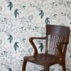 Highwire wallpaper by Daniel Heath in petrol colour with chair|Highwire wallpaper by Daniel Heath in petrol colour|Highwire wallpaper by Daniel Heath in grape colour with chair